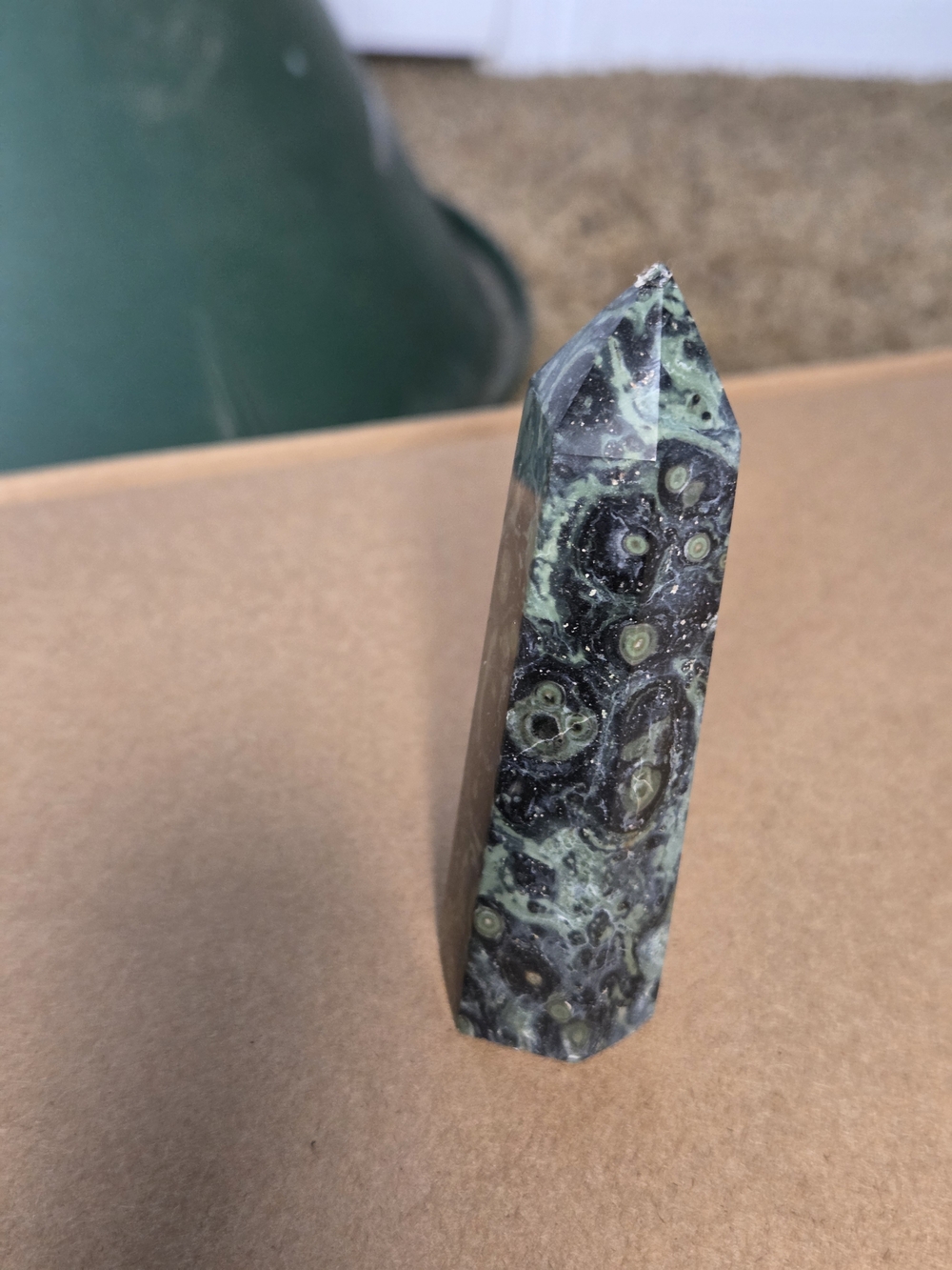 Green and Black Polished Crystal Point Tower - Kambaba Jasper